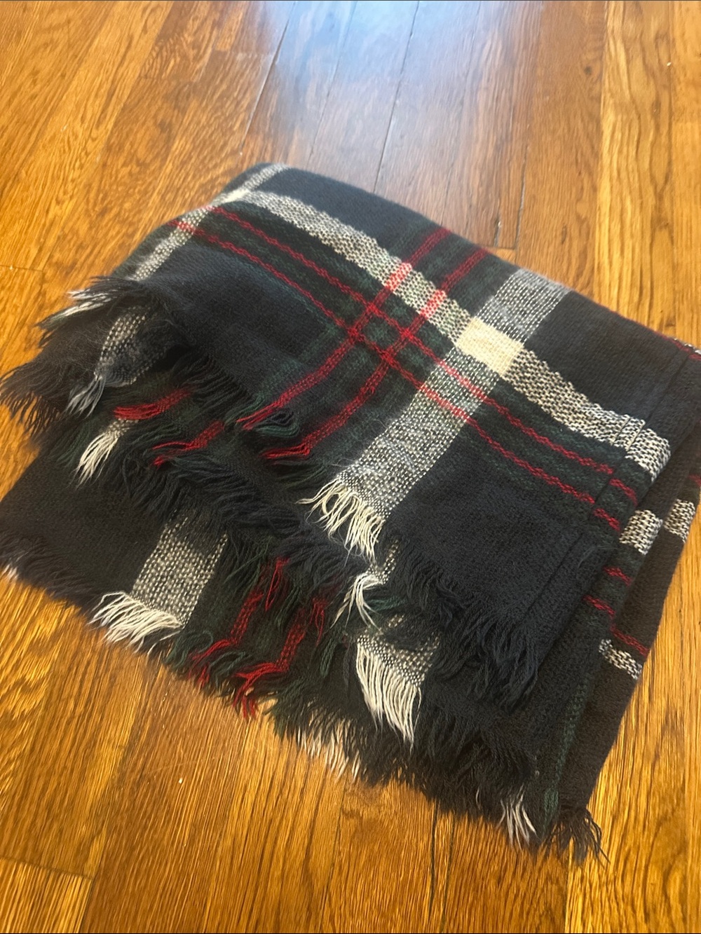 Navy Plaid Fringe Scarf with Green, Red & White Accents